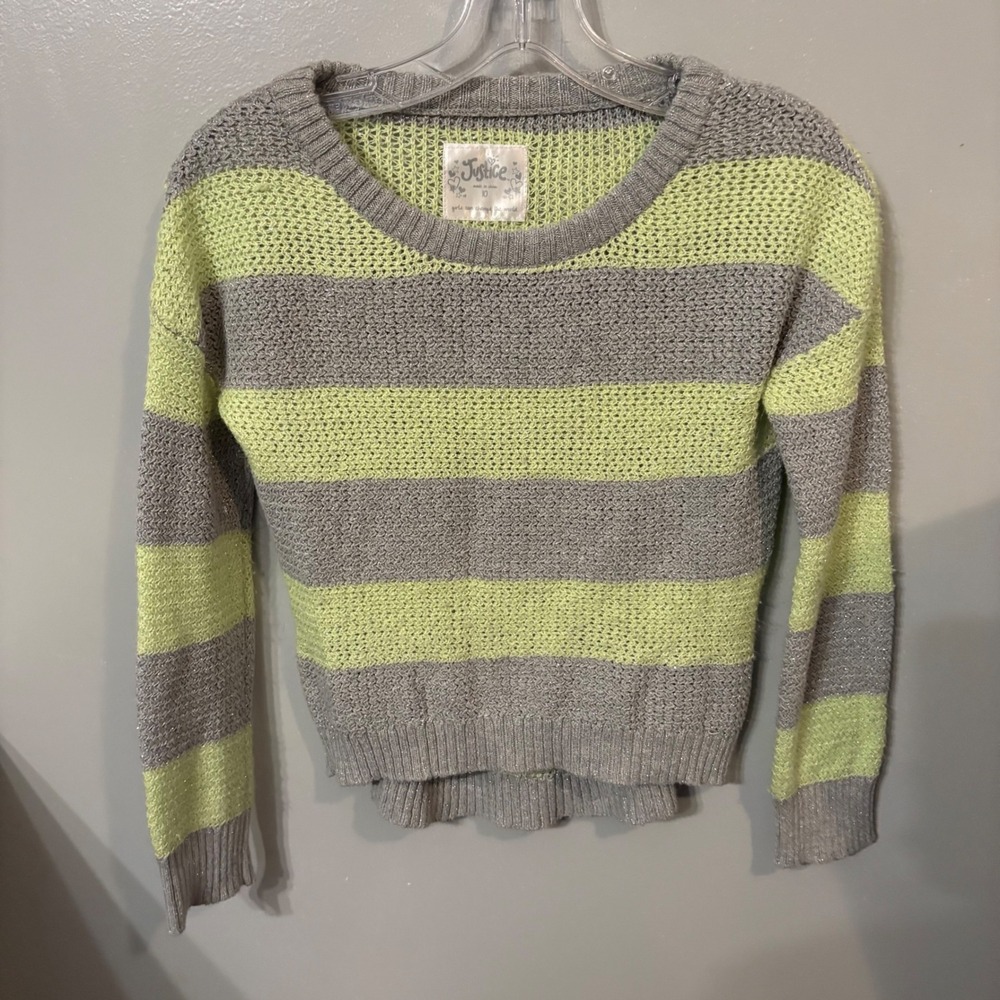 Justice Lime Green & Grey Striped Sparkle‎ Knit Pullover Sweater (Girls 10)